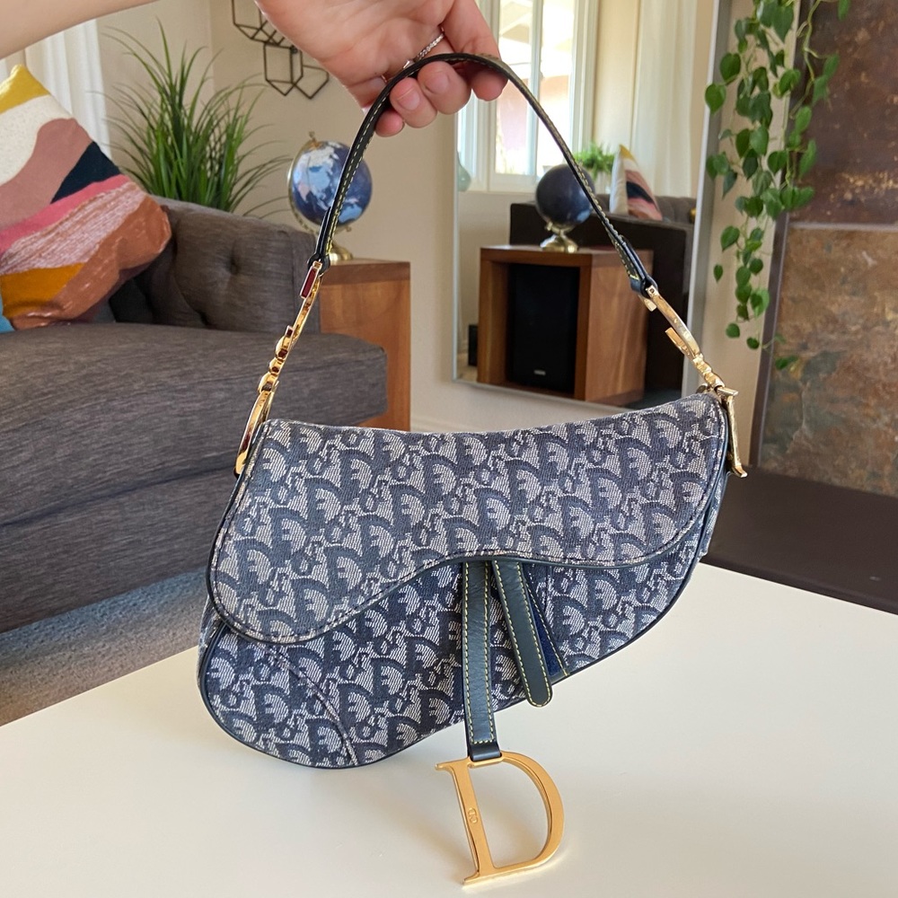 Christian Dior Vintage Diorissimo Canvas & Blue Leather Trim Medium Saddle Bag